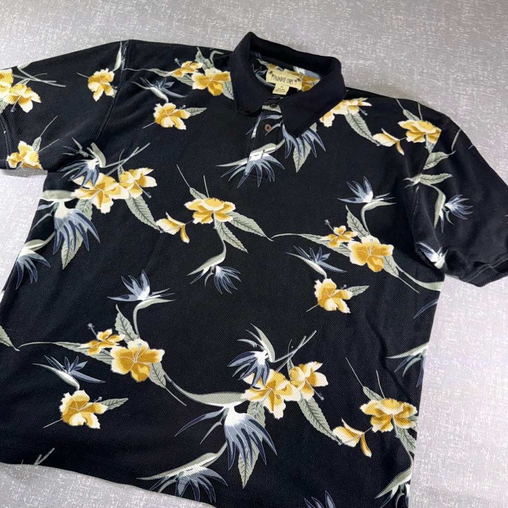 Paradise Coves Mens XL Silk Blend Tropical‎ Floral Bird of Paradise Polo Shirt